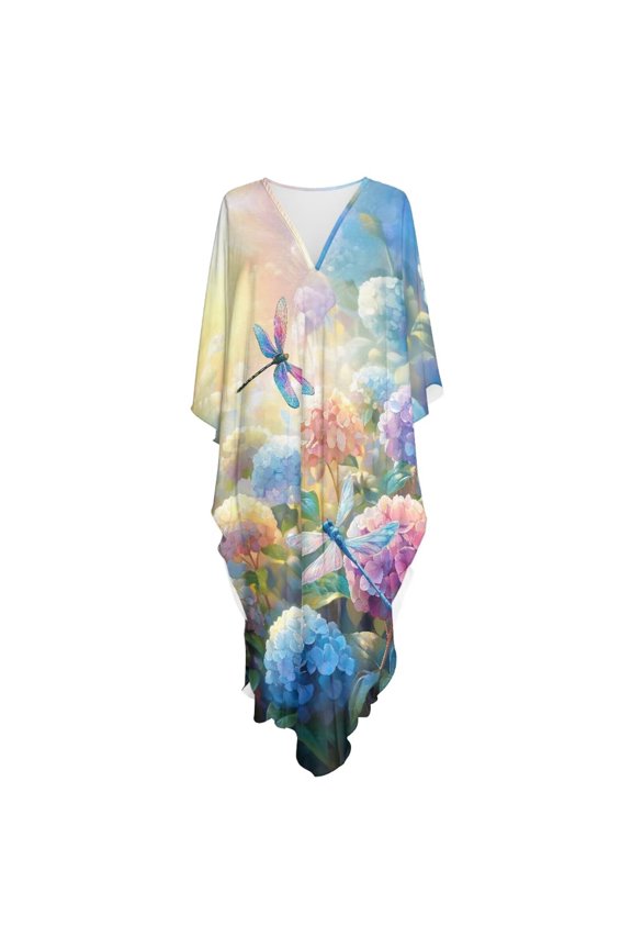 Dragonfly Hydrangea Pattern Kaftan Dresses for Women Plus Size Batwing Sleeve Caftans Long Bathing Suit Cover Up V Neck Maxi Beach Dress Loungewear
