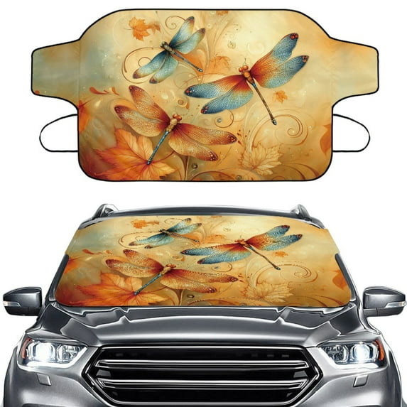 Xoenoiee Dragonfly Maple Leaves Print Car Windshield Snow Cover Thanksgiving Decoration Foldable Ice Windshield Cover Snow Protection Cover, Easy to Use, Universal Fit for Car, SUV, Sedan, Hatchback