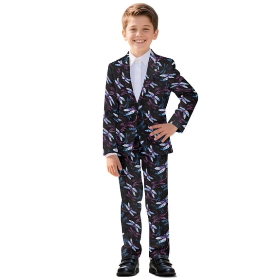 Xoenoiee Dragonfly Print 2Pcs Suit Set for Boys Kids Suit Jacket Trousers with Elastic Waistband Formal Wedding Party Wear Blazer Set, 11-12 Years