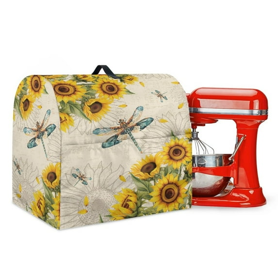 Xoenoiee Dragonfly Sunflower Print Kitchen Aid Mixer Cover, Stand Mixer Cover Compatible with 4.5-5 Quart Kitchenaid/Hamilton Stand Mixer, Kitchen Aid Mixer Accessories Dust Cover with Pockets, S