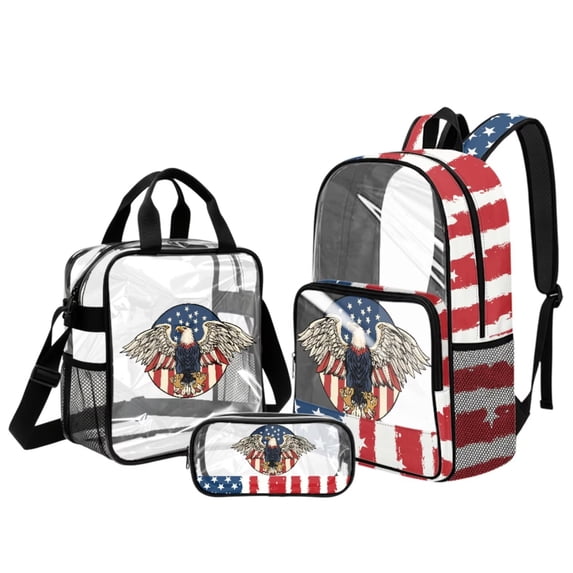 Xoenoiee Eagle American Flag Print Clear Backpack for Boys Kids Large Capacity Backpack with Lunch Box and Pencil Case 3PCS Set Bookbag with Front Pocket See Through PVC School Bag with Side Pocket