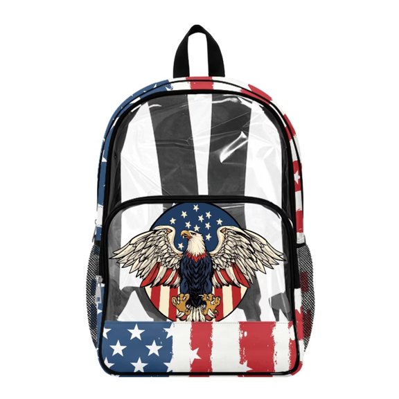 Xoenoiee Eagle American Flag Print Clear Backpack for Kids Boys, See Through Schoolbag Transparent Bookbag Schoolbag Large Capacity Knapsack Daypack with Adjustable Strap for Travel Hiking