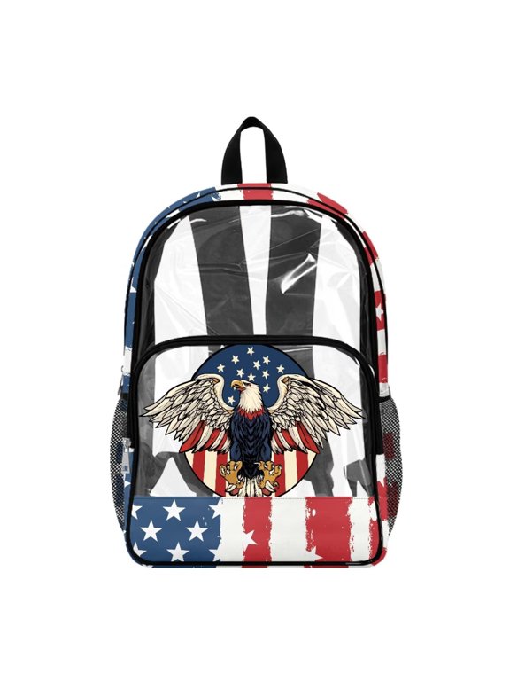 Eagle American Flag Print Clear Backpack for Kids Boys, See Through Schoolbag Transparent Bookbag Schoolbag Large Capacity Knapsack Daypack with Adjustable Strap for Travel Hiking