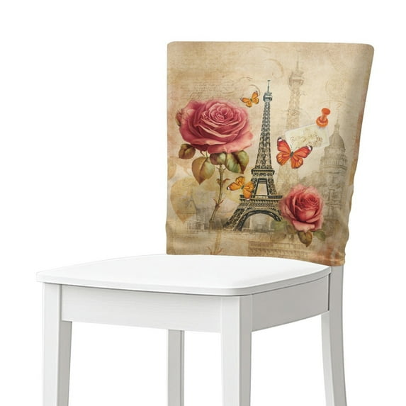 Xoenoiee Eiffel Tower Rose Butterfly Print Chair Covers for Dining Chairs, Dining Room Chairs Back Cover Parsons Chair Slipcover Removable Washable Seat Protector for Party, 1 Pack
