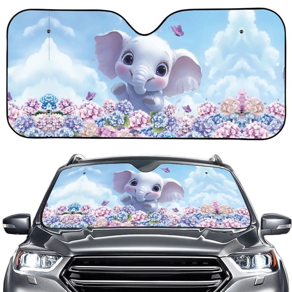 Xoenoiee Elephant Butterfly Hydrangea Print Car Windshield Shade with Suction Cups, Foldable Truck Suv Front Window Shield Blocker Visor Protector Cover for Interior Accessories