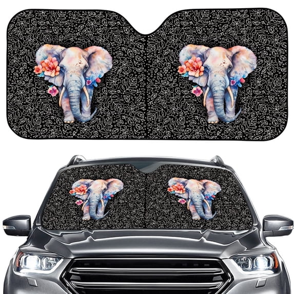 Xoenoiee Elephant Floral Leaf Black Car Sun Shade for Windshield, Sun Visor Front Windshield Sunshade, Windshield Cover, Automotive Interior Sun Protection, Foldable