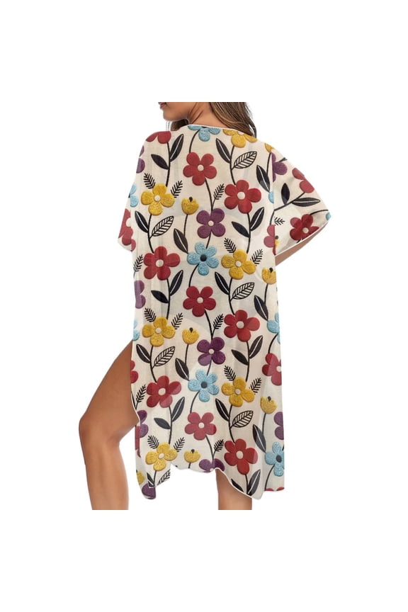 Embroidery Colorful Daisy Flower Pattern Womens Swimsuit Coverup Bathing Suit Cover Up Beach Kimonos Skin Friendly Long Cardigan Open Front Swimwear