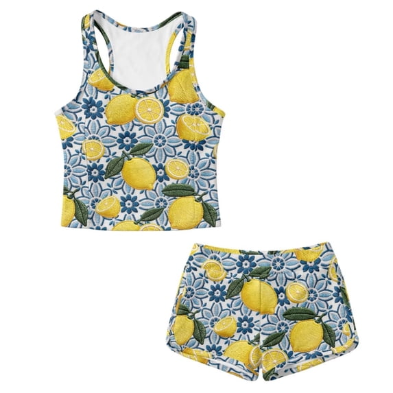 Xoenoiee Embroidery Lemon Daisy Flower Print Girls Two Piece Swimsuits Sporty Full Coverage Tankini with Shorts Summer Beach Cute Printed High Waist Bathing Suit, Size 6-7 Years