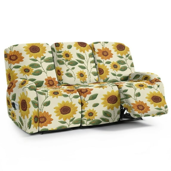 Xoenoiee Embroidery Sunflower Print Waterproof Recliner Sofa Slipcovers, 8 Pieces Stretch Reclining Couch Covers for 3 Cushion Couch Sofa Washable Furniture Covers for Dogs, Pets, Kids