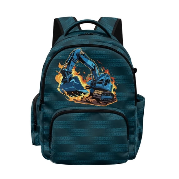 Xoenoiee Excavator Fire Print School Backpack for Boys Casual Bookbag Travel Daypack Rucksack with Handle, Lightweight Schoolbag Knapsack with Front Zipper Pocket for Outdoors Travel
