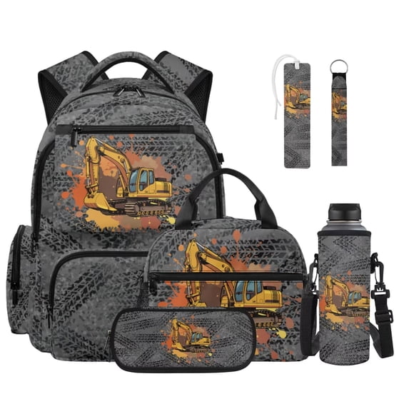 Xoenoiee Excavator Paint Splatter Print 6pcs Kids Backpack School Bag for Boys Elementary Primary Bookbag with Lunch Box Pencil Case Water Bottle Sleeve Bookmark Keychain 6 In 1 Casual Daypack