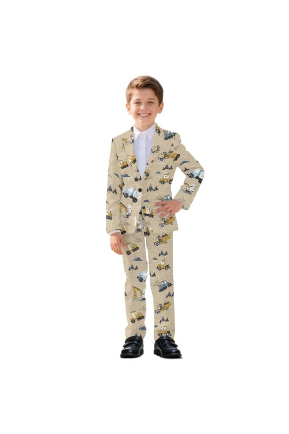 Excavator Truck Hill Tree Print Boy Suits 2 Piece Slim Fit Formal Suit Set with Tuxedo Jacket Pants for Kids Wedding Ring Bearer Party, 6-7 Years