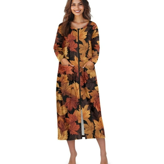 Xoenoiee Fall Maple Leaves Print Nightgowns for Women Thanksgiving Soft Comfy Long Sleeve Zipper Nightdress, Loose Sleepwear Gown Long Robes for Ladies, S