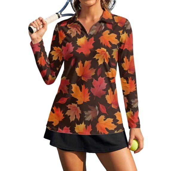 Xoenoiee Fall Maple Leaves Print Women's Long Sleeve Golf Polo Shirts Thanksgiving Quick Dry Collared V Neck Polo Shirts Athletic Tops Shirts Casual Golf Wear Activewear Golf Outfits, Size XL