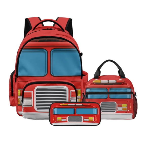 Xoenoiee Fire Fighting Truck Print Kids Backpack with Lunch Box for Boys Girls Childrens Backpack School Bags with Pencil Case Set of 3 School Bookbag Teens Satchel Bagpack 17inch Travel Daypack