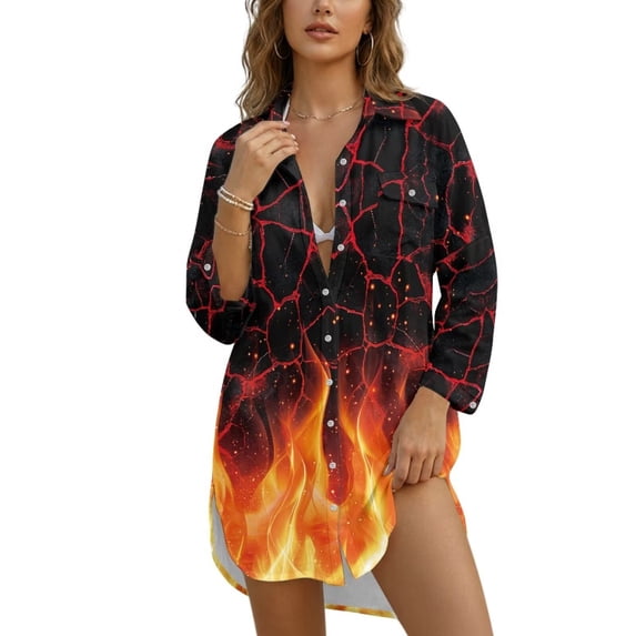 Xoenoiee Fire Flame Print Bathing Suit Cover Up for Women Lightweight Swimsuit Coverup Dress Long Sleeve Button Shirt Beach Cover Ups Summer Vacation Outfit, S