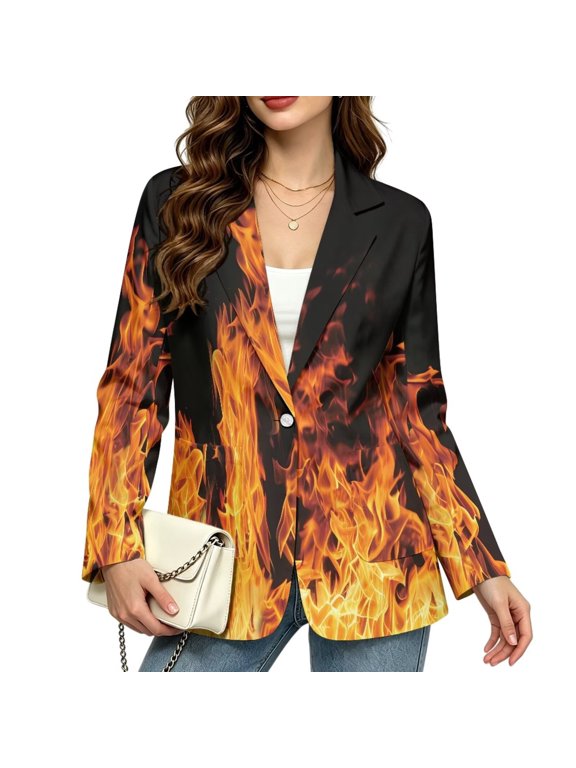 Fire Flame Print Blazer for Women Business Casual Button Up Jacket Lapel Open Front Long Sleeve Work Office Suit Jackets Blazer Trendy Casual Fall Winter Outfits, XS
