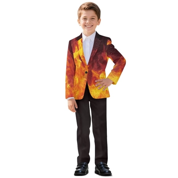 Xoenoiee Fire Print Boys Formal Suit 2 Piece Set Slim Fit Suit Jacket Dress Pants with Pockets Kids Tuxedo Blazer Wedding Party Outfit, 7-8 Years