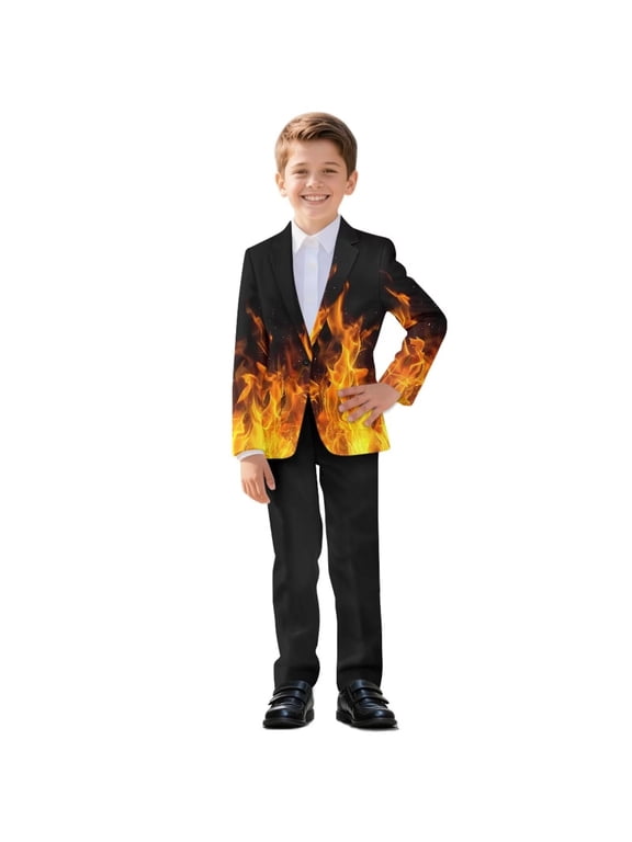 Fire Print Boys Formal Suit Set Kids 2 Piece Suit Jacket Pants Set Toddler Ring Bearer Outfit Wedding Prom Tuxedo Suits, 6-7 Years