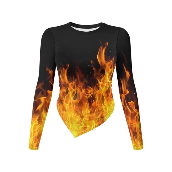 Xoenoiee Fire Print Women's Tops Dressy Long Sleeve Asymmetrical Slim Fit Going Out Fall Blouse Crew Neck Ruched Shirts Pullover, M