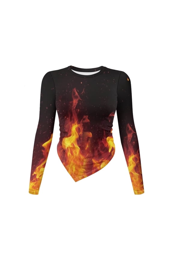 Fire Print Women's Tops Long Sleeve Asymmetrical Hem Ruched Slim Fit Shirts Elastic Going Out Y2k Shirts Fall Blouse Pullover, Size S