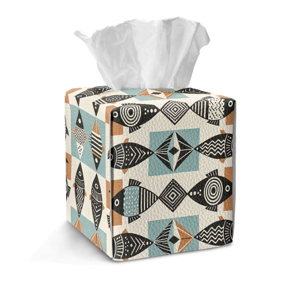 Xoenoiee Fish Print PU Leather Tissue Box Cover Square – Decorative Cube Holder for Bathroom, Kitchen, Living Room, Office, Car, Vanity, Easy Refill Organizer