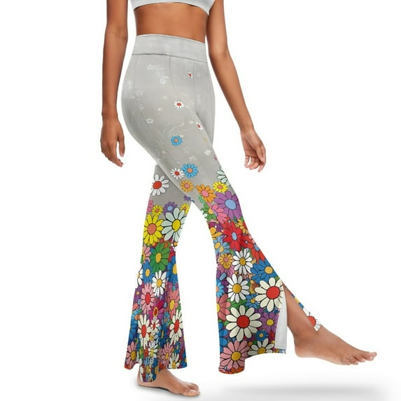 Xoenoiee Flare Leggings for Women High-Waisted and Wide Leg Bell Bottom Pants Workout Pants Bootcut Yoga Pants for Teen Girls Tummy Control, XS, Colorful Hippie Flowers Rainbow Gray