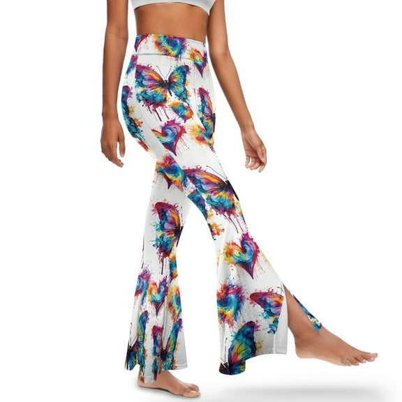 Xoenoiee Flare Leggings for Women Tall Flared Yoga Pants High Waisted Comfortable Slit Hem Flared Pants Workout Leggings Bell Bottom Pants for Work, Office, Yoga, Gym, L, Watercolour Butterfly Love