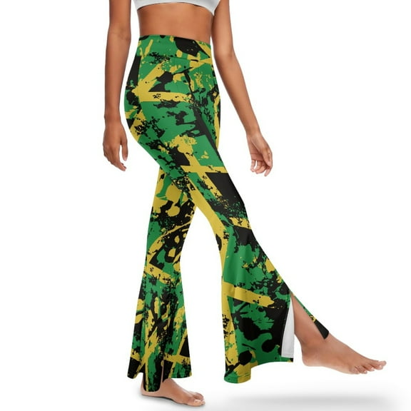 Xoenoiee Flare Leggings for Women Tall High Waisted Bell Bottom Pants Tummy Control Workout Leggings Slit Flared Hem Yoga Pants for Workout, Gym, Office, Yoga, M, Jamaican Flag Spray Paint Print