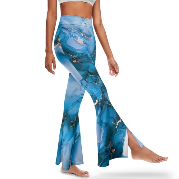 Xoenoiee Flare Leggings for Women Tummy Control Workout Pants High-Waisted and Wide Leg Butt Lifting Soft Bell Bottom Leggings Bootcut Yoga Pants for Work, Yoga, Gym, Casual, L, Marble Blue