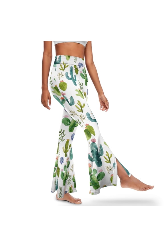 Flare Yoga Pants for Women Tummy Control Workout Pants for Women Gym High Waisted Bell Bottom Leggings Flare Slit Pants, 2XL, Cactus Succulent Leaf