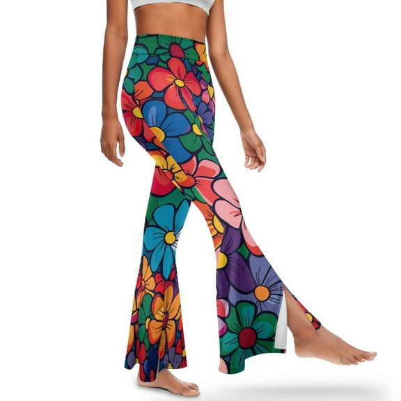 Xoenoiee Flared Leggings for Girls Tall Yoga Pants High-Waisted and Wide Leg Women's Bootcut Yoga Pants Butt Lift Workout Leggings for Work, Gym, Office, M, Colorful Hippie Flowers