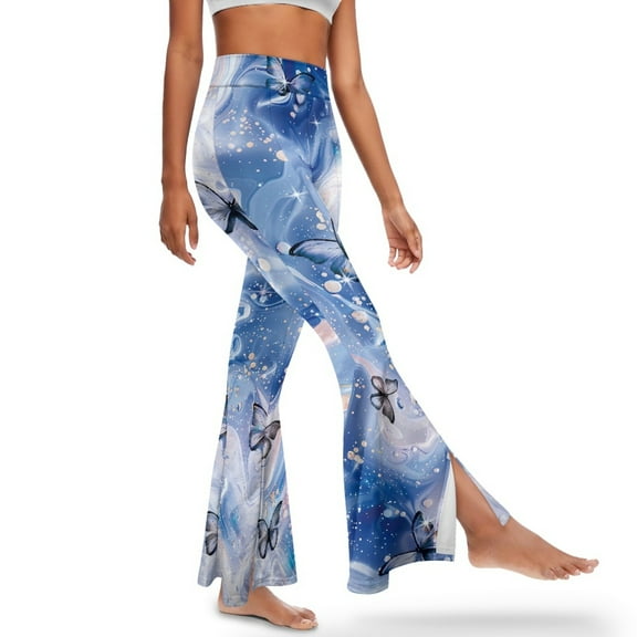 Xoenoiee Flared Leggings for Girls Tummy Control Butt Lifting Flared Yoga Pants for Women Tall Leggings Breathable High Waist Gym Leggings Workout Leggings, L, Marble Butterfly Pearl Blue