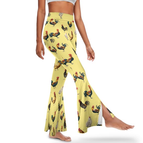 Xoenoiee Flared Leggings for Women Butt Lift Tummy Control Gym Leggings High-Waisted and Wide Leg Tall Yoga Pants for Workout, Office, Date, Vacation, Party, L, Rooster Chicken Pattern Yellow