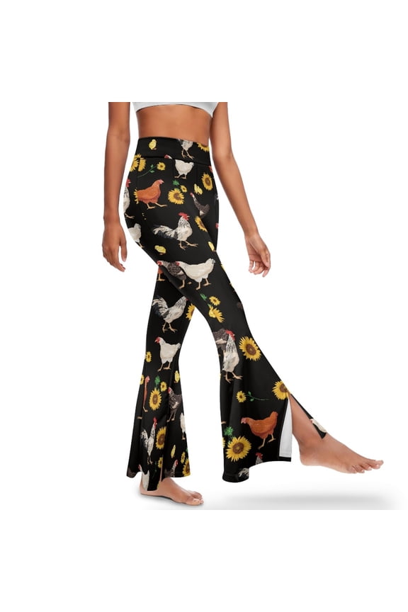 Flared Leggings for Women Slit Front Yoga Pants Gym Leggings for Girls Tummy Control High Waist Bell Bottom for Work, Office, Gym, 2XL, Sunflower Chicken Rooster Pattern Black