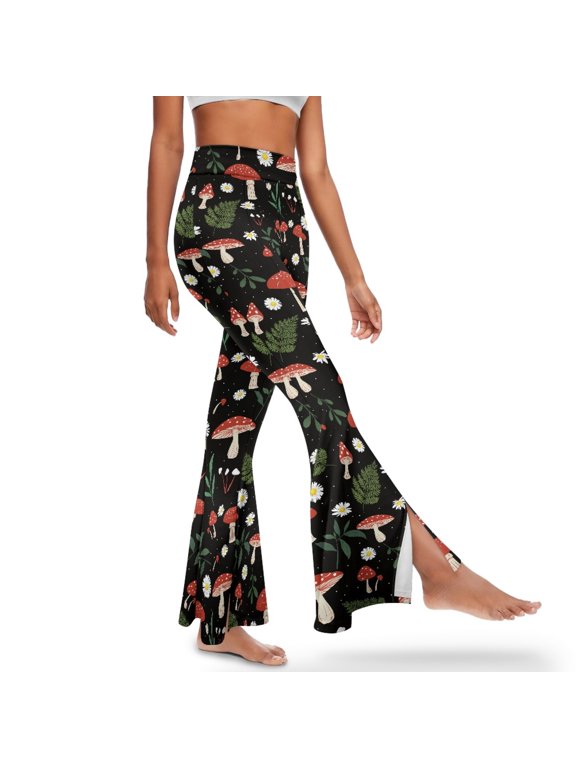 Flared Leggings for Women Stretch Yoga Pants Split Front Flared Pants High-Waisted Tummy Control Girls' Workout Pants, S, Mushroom Daisy Leaf Black