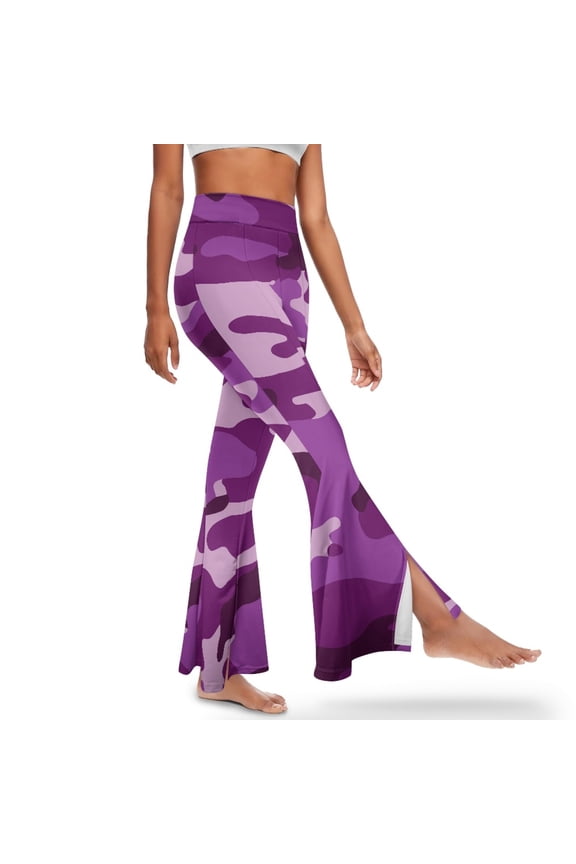 Flared Leggings For Women Tall Bell Bottom Pants Slit Front Flared Yoga Pants High-Waisted and Wide Leg for Casual, Workout, Date, Vacation, M, Camouflage Pattern Purple