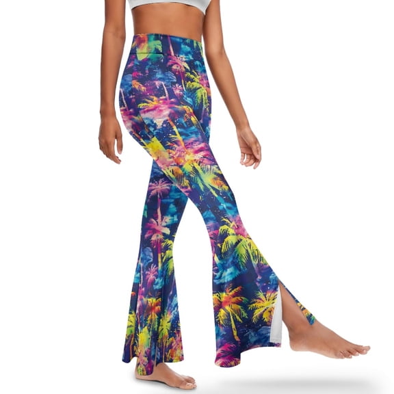 Xoenoiee Flared Leggings For Women Tall Bell Bottom Pants Slit Front Flared Yoga Pants High-Waisted and Wide Leg for Casual, Workout, Office, Work, Date, Vacation, M, Colorful Coconut Palm Hawaiian