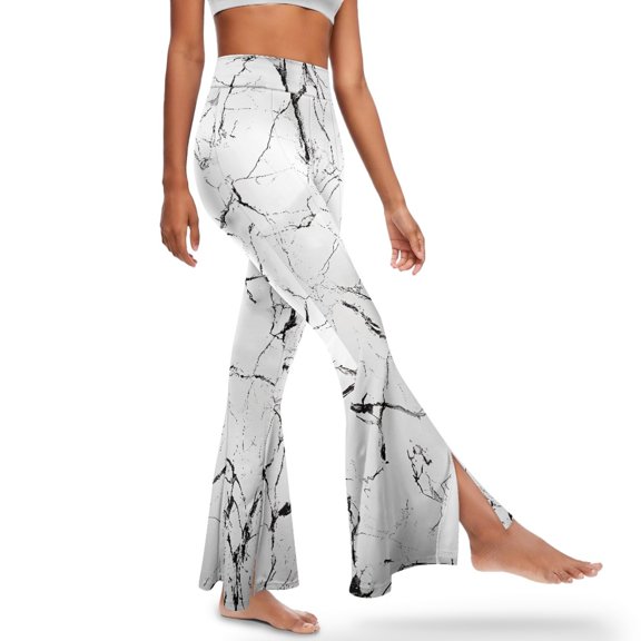 Xoenoiee Flared Leggings for Women Tall Gym Leggings High-Waisted and Wide Leg for Teen Girls Tummy Control Flare Pants Trousers for Work, Vacation, Gym, Yoga, S, Marble Black Crack White