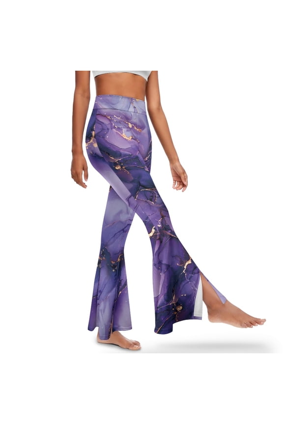 Flared Leggings for Women Tall Yoga Pants Flared Slit Hem Leggings Buttery Soft Workout Pants Women's Leggings Trousers for Work, Gym, Casual, Party, 2XL, Marble Purple