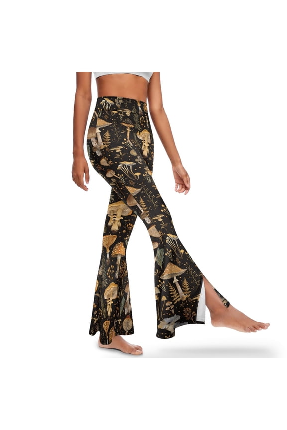 Flared Leggings for Women Tummy Control High Waisted Bell Bottom Pants Workout Leggings Flared Slit Yoga Pants for Work, Office, Gym, XL, Mushroom Leaf Black