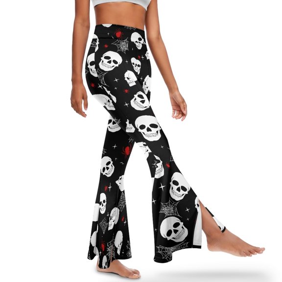 Xoenoiee Flared Leggings for Women Tummy Control High Waisted Bell Bottom Pants Workout Leggings Slit Flared Hem Wide Leg Yoga Pants for Work, Office, Yoga, Gym, M, Skull Spider Web Star Black