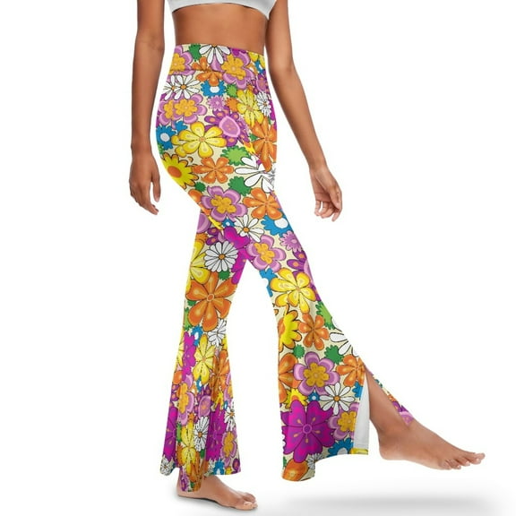 Xoenoiee Flared Leggings for Women Tummy Control High-Waisted and Wide Leg Workout Pants Butt Lifting Bell Bottom Leggings Bootcut Yoga Pants, M, Colorful Boho Hippie Flower