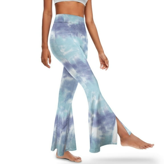 Xoenoiee Flared Pants for Women High Waist Flare Leggings for Girls Tummy Control Butt Lifting Flared Slit Pants Tall Yoga Pants for Work, Office, Yoga, Gym, M, Blue-Purple Tie-Dye