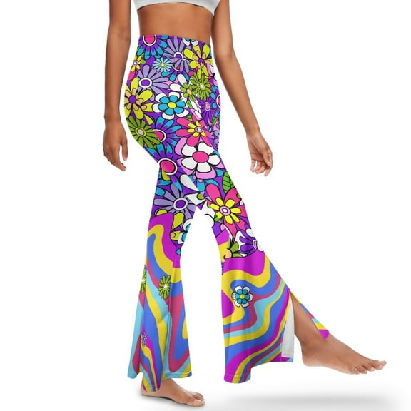 Xoenoiee Flared Pants for Women High Waist Flare Leggings for Girls Tummy Control Butt Lifting Tall Yoga Pants for Work, Office, Yoga, Gym, S, Colorful Hippie Flowers Rainbow Purple