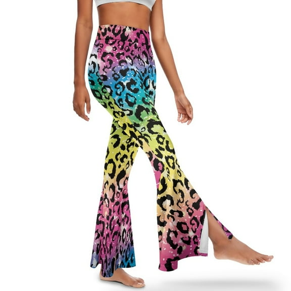 Xoenoiee Flared Yoga Pants for Women High Waisted Flared Leggings Bell Bottom Pants Girls Flared Leggings Slit Front Flared Pants Tummy Control Workout Leggings, M, Rainbow Leopard Print
