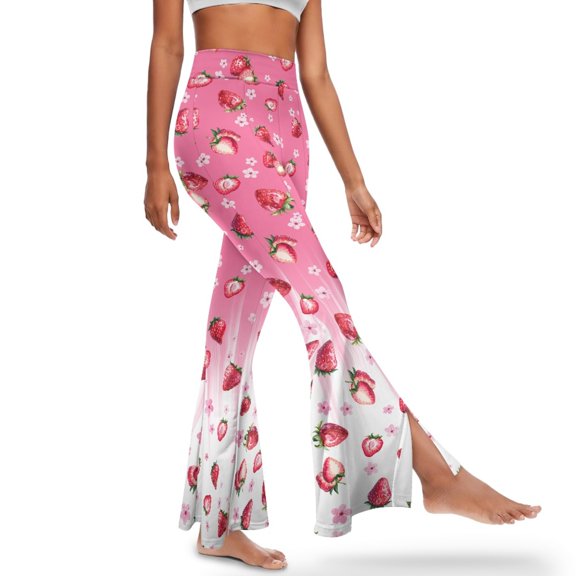 Xoenoiee Flared Yoga Pants for Women High Waisted Flared Leggings Bell Bottom Pants Girls Slit Front Flared Pants Tummy Control Workout Leggings, L, Strawberry Cherry Blossoms Pink