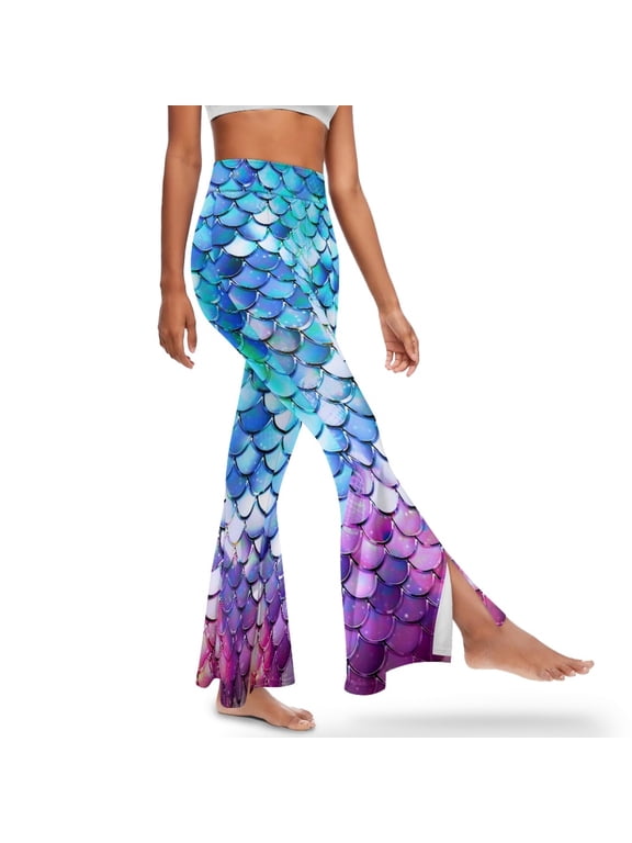 Flared Yoga Pants for Women Tummy Control Flared Leggings Workout Pants High Waisted Bell Bottom Pants Slit Hem for Causal, Workout, M, Mermaid Fish Scales Print Blue Purple Gradient