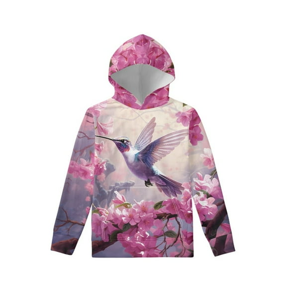 Xoenoiee Floral Hummingbird Peach Blossom Pattern Girls Long Sleeve Hoodies Pullover Sweatshirt Comfortable Tops with Front Kangaroo Pocket for Fall Winter, S