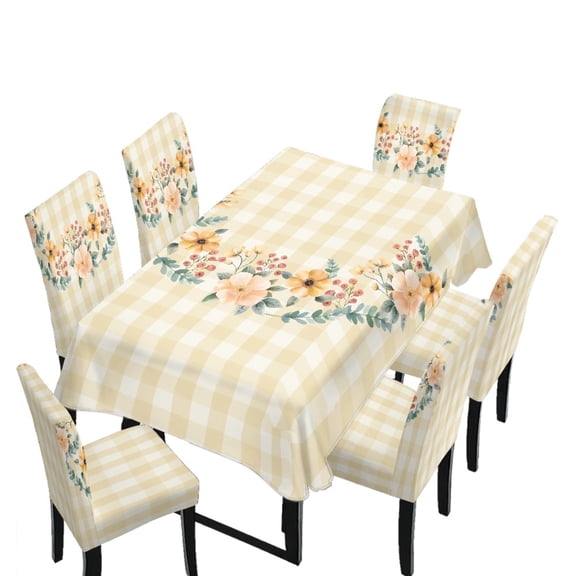 Xoenoiee Flower Leaves Grid Pattern 7 Pcs Table Cloth with Chair Covers Set Easy-Clean Elastic Rectangle Tablecloth with Seat Slipcover Set of 6 for Home Restaurant Hotel Decor